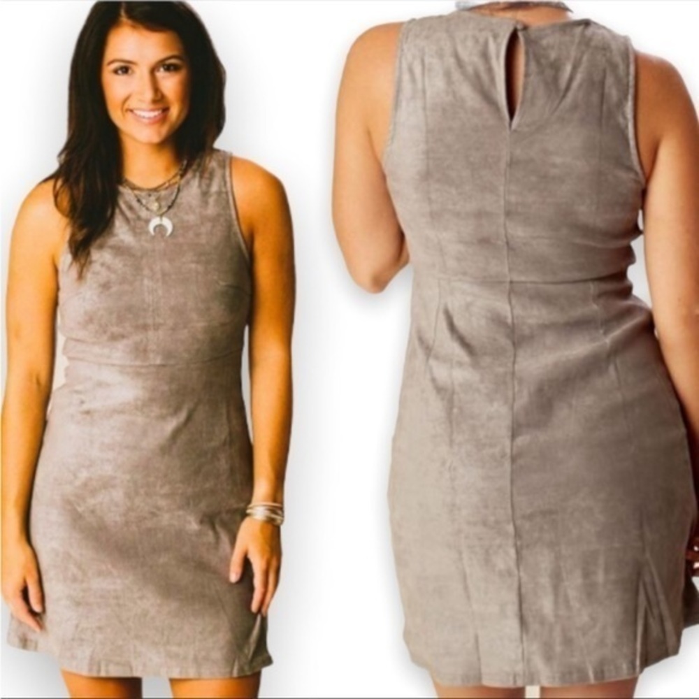 ALTAR’D STATE SLEEVELESS FAUX SUEDE STRETCH ROUND NECK TAUPE NEUTRAL DRESS M